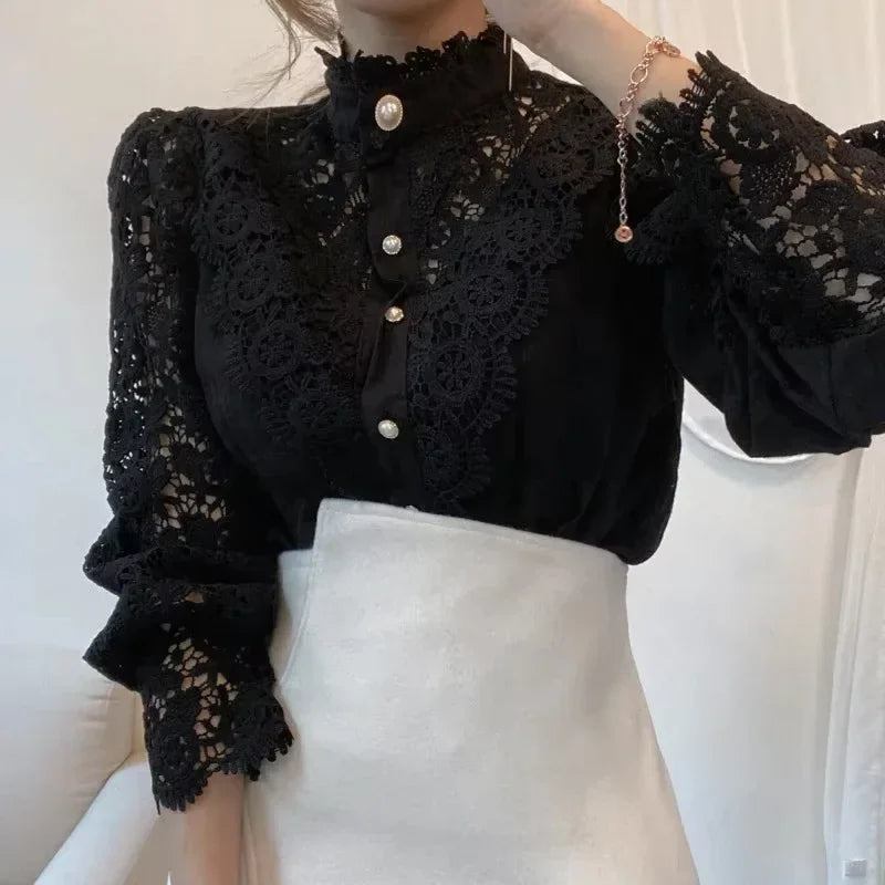 French Style Women Office Blouse  Lace Stand Collar