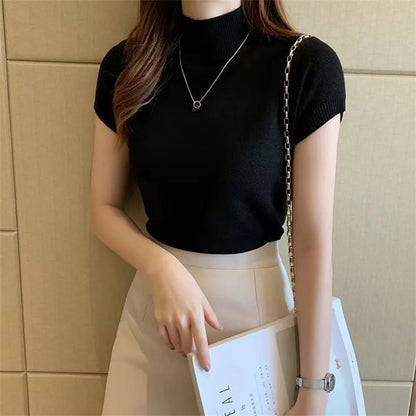 Women Turtleneck Knitted Blouse, Short Sleeve