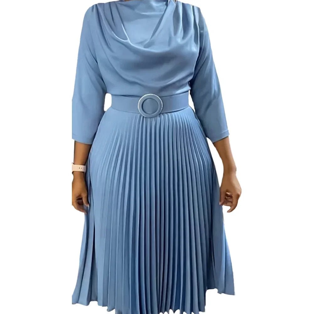 Dark Blue Pleated Midi Office Dress – Elegant Workwear Belted Dress with Waist Detail