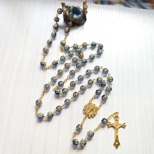 Blue Rose Beads St Benedict Medal Rosary Necklace