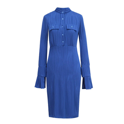 Royal Blue Bell Sleeve Waist-Cinching Mini Dress