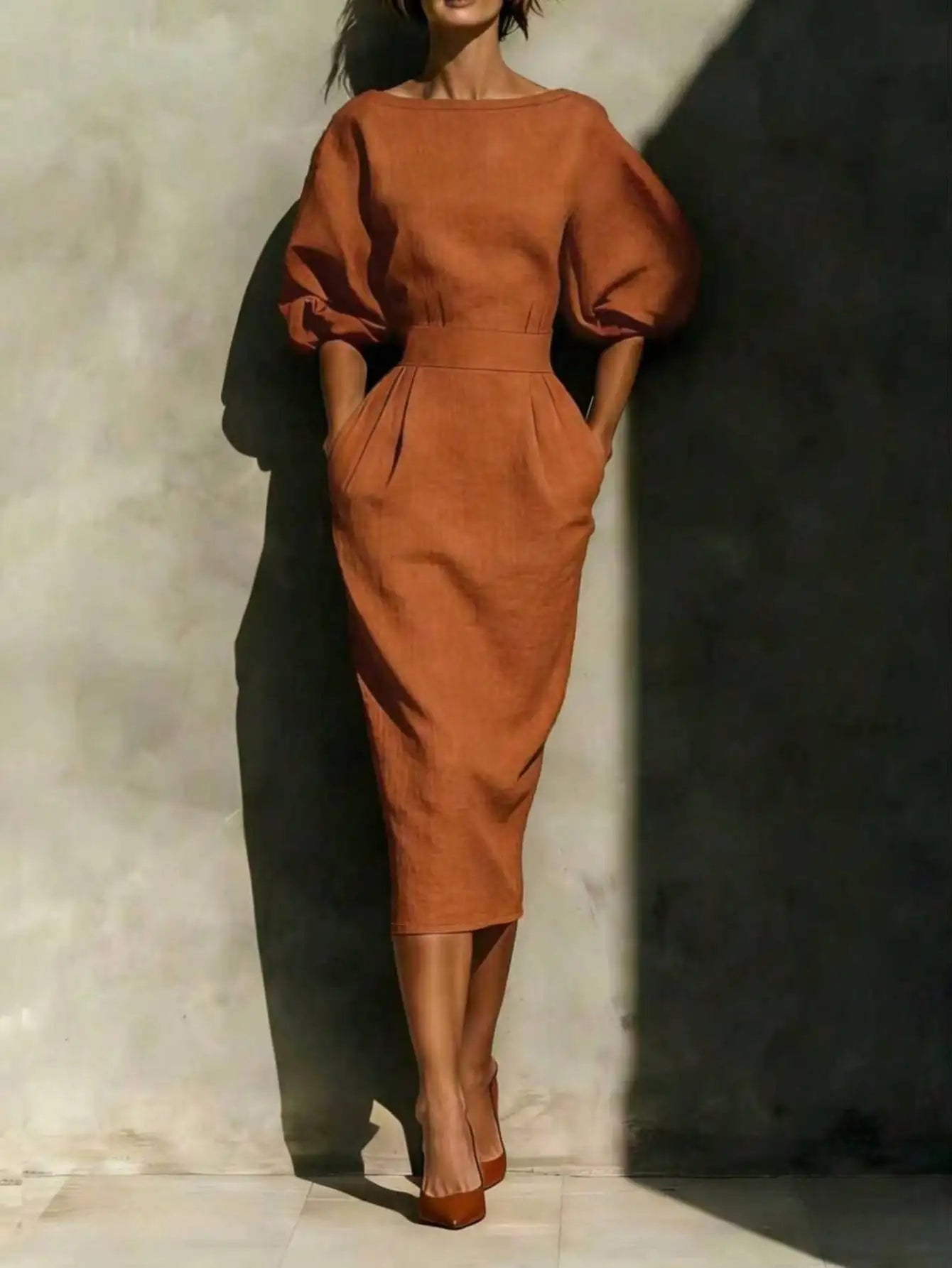 Elegant Red Midi Dress with Side Pockets