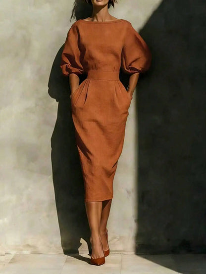 Elegant Red Midi Dress with Side Pockets