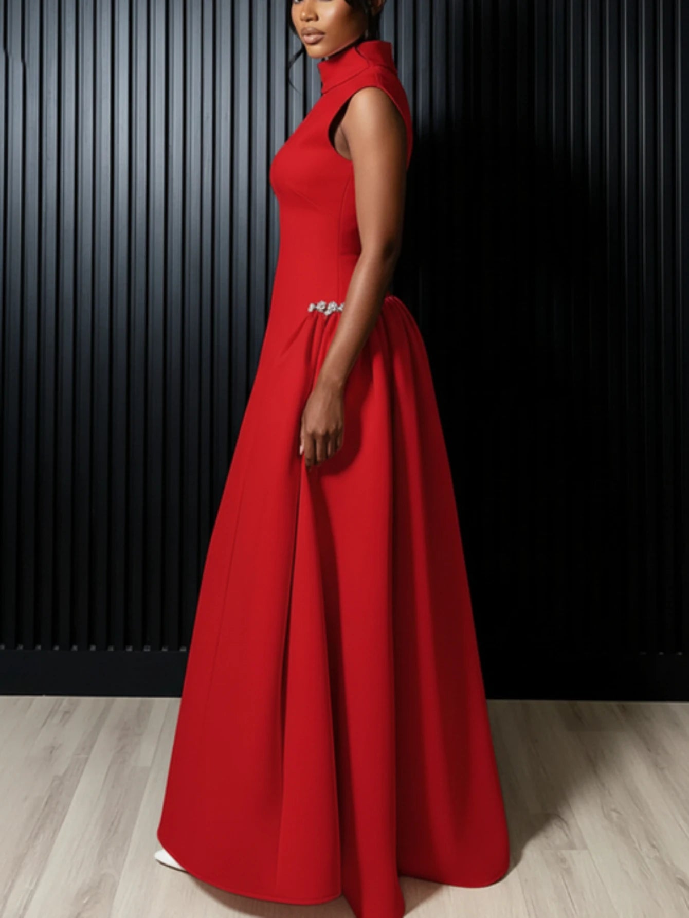 Red High Neck Flared Maxi Formal Dress