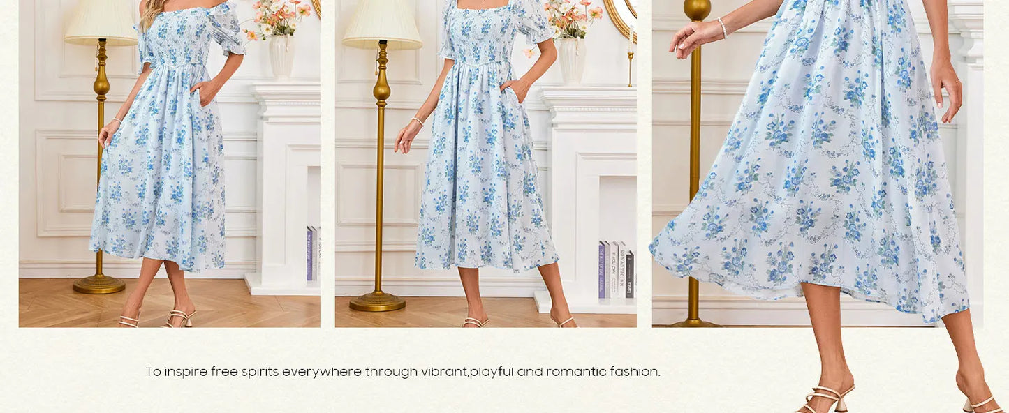 Floral Puff Sleeve A-Line Summer Dress
