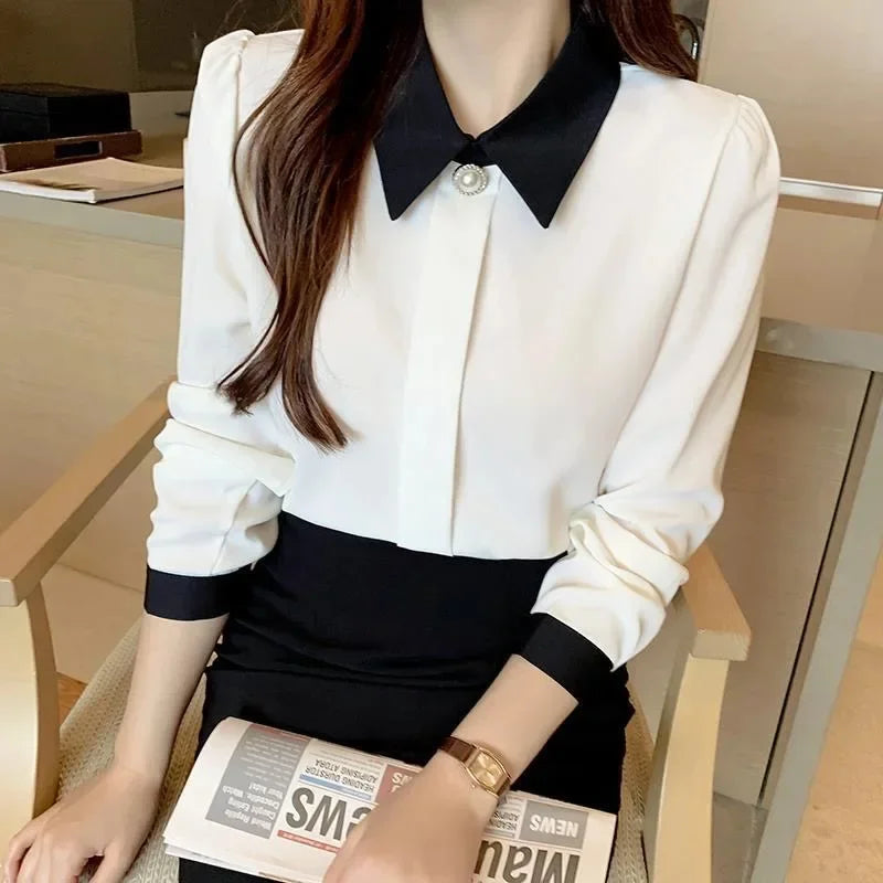 Women Blouses Casual Long Sleeve Turn-down Collar