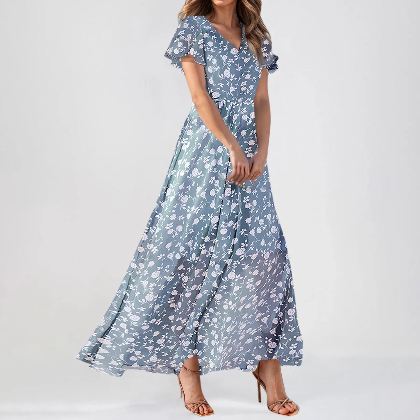 Casual Short Sleeve Floral Maxi Dresses