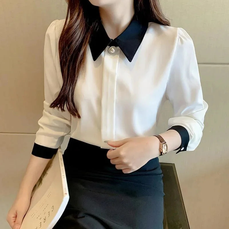 Women Blouses Casual Long Sleeve Turn-down Collar