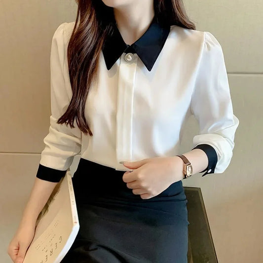 Women Blouses Casual Long Sleeve Turn-down Collar