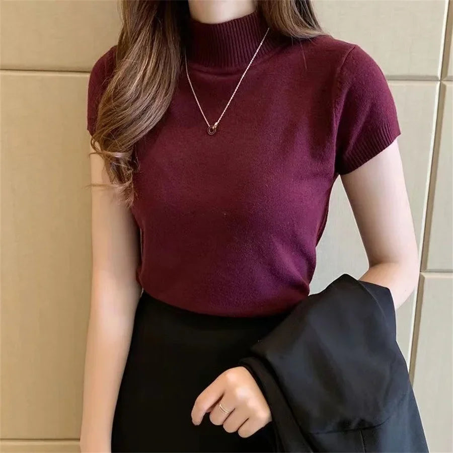 Women Turtleneck Knitted Blouse, Short Sleeve