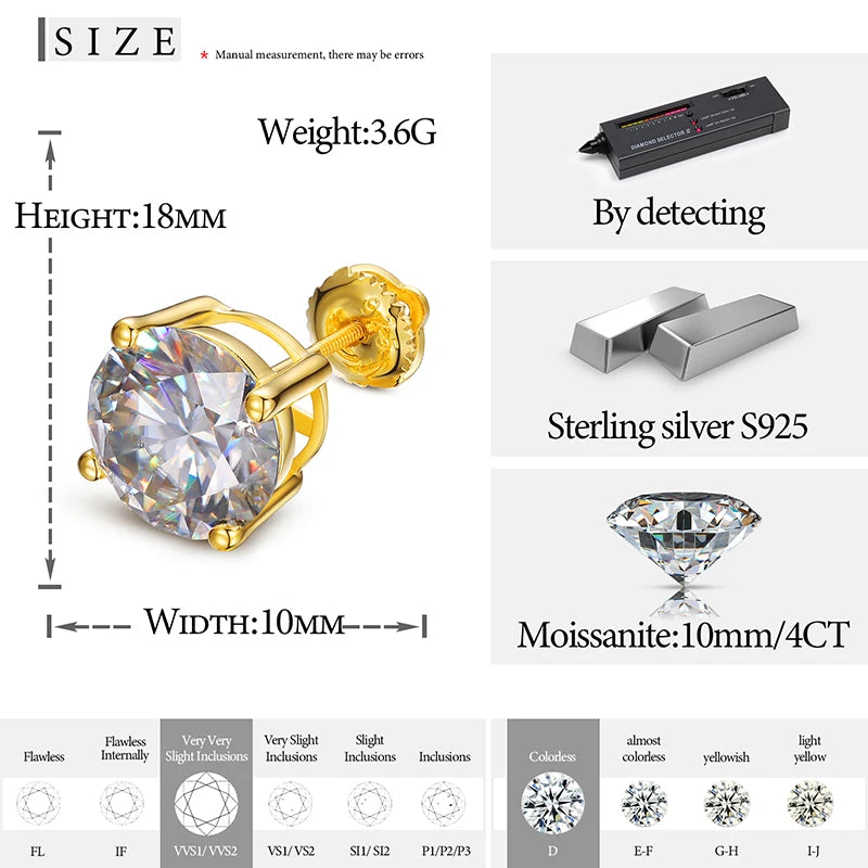 10mm 4CT  Moissanite Diamond 100% 925 Sterling Silver