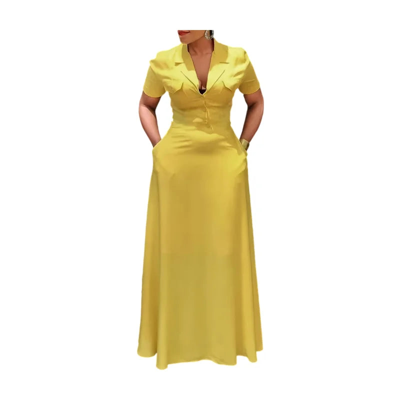 Yellow Lapel Collar Button Maxi Dress With Pockets