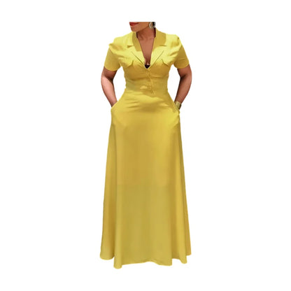 Yellow Lapel Collar Button Maxi Dress With Pockets