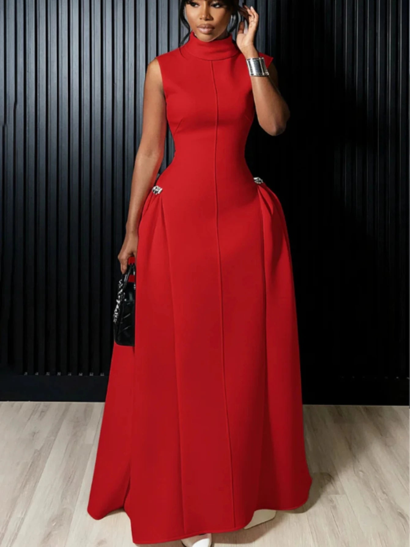 Red High Neck Flared Maxi Formal Dress