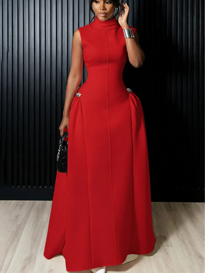 Red High Neck Flared Maxi Formal Dress