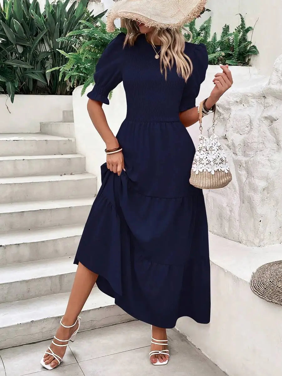 Olive Green Flowy Puff Sleeve Tiered Dress