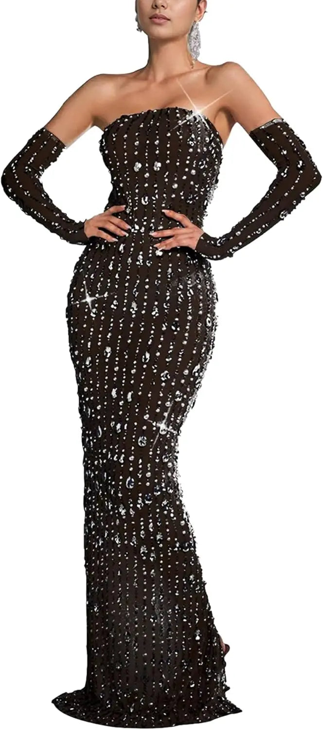 Women's See Through Sequined Rhinestone Dress