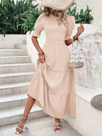Olive Green Flowy Puff Sleeve Tiered Dress