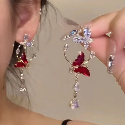 Elegant Zirconia, Red Bead, Butterfly Earrings for Women