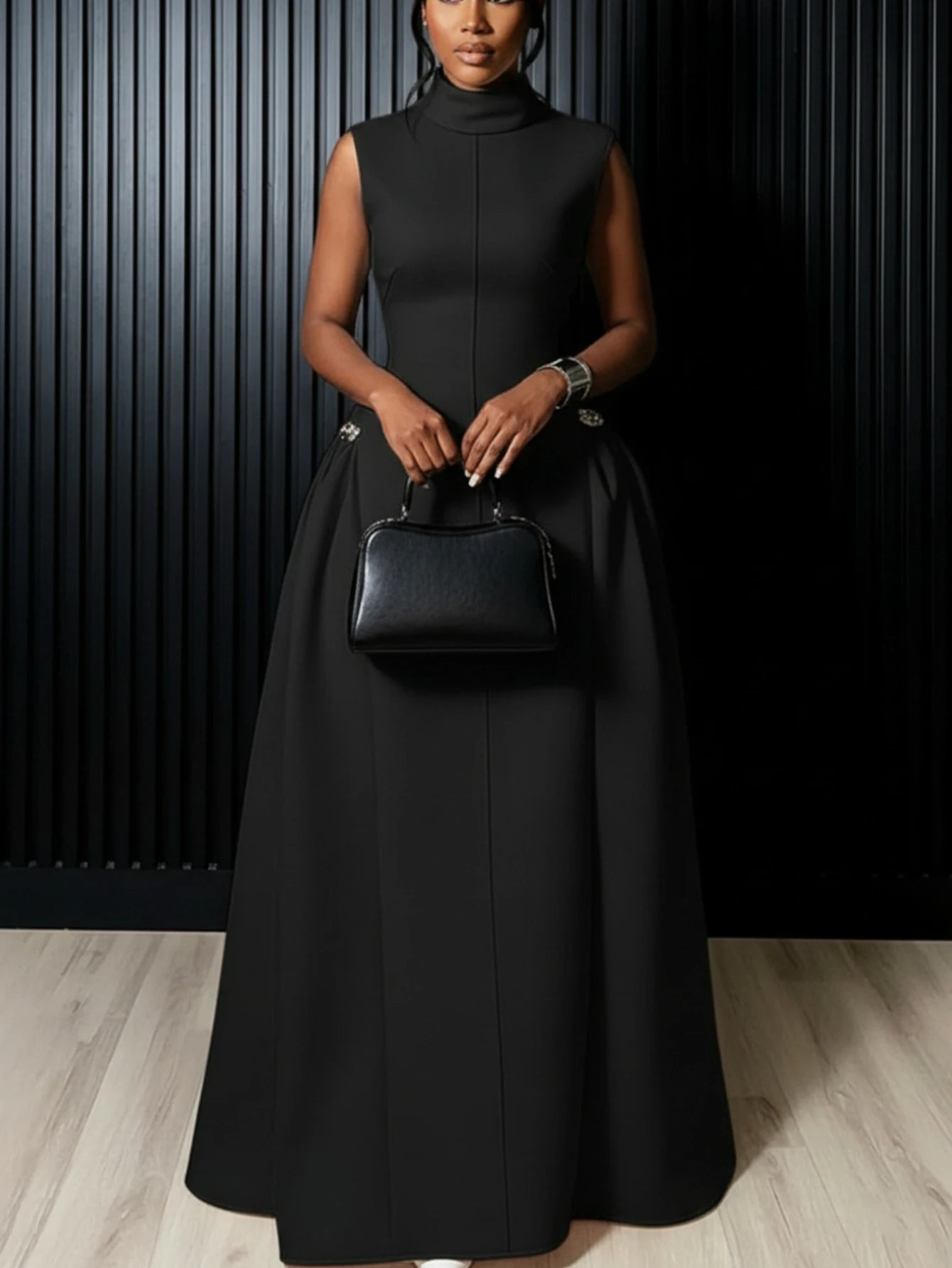 Red High Neck Flared Maxi Formal Dress