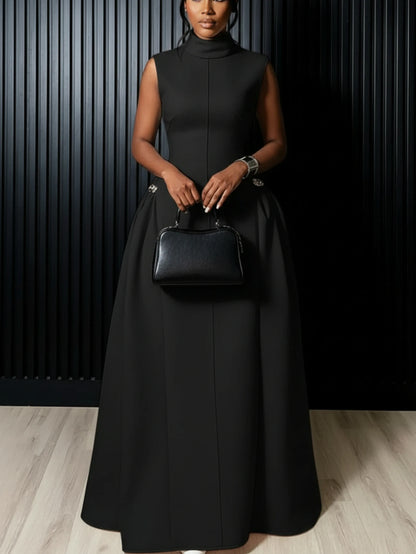 Red High Neck Flared Maxi Formal Dress