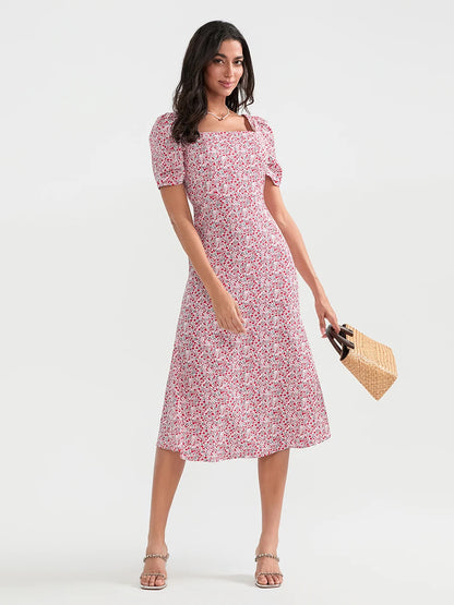 Casual Floral Midi Dress, Puff Sleeve Elegant