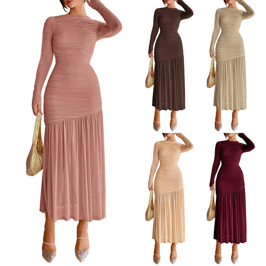 Elegant Ruched Crew Neck Stylish Dress Slim Fit