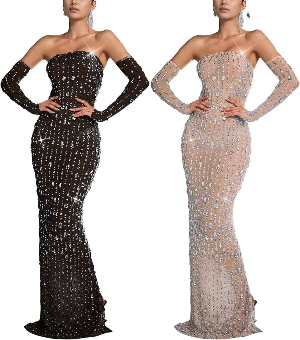 Women's See Through Sequined Rhinestone Dress