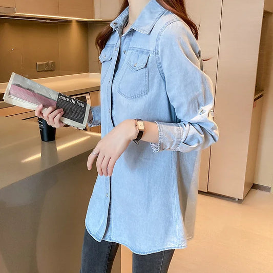 Women's Loose Denim Shirt, Long Sleeves, Long Length