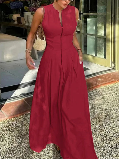 Red Linen Sleeveless Pleated Maxi Dress With Pockets