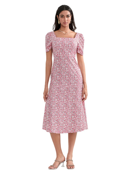 Casual Floral Midi Dress, Puff Sleeve Elegant