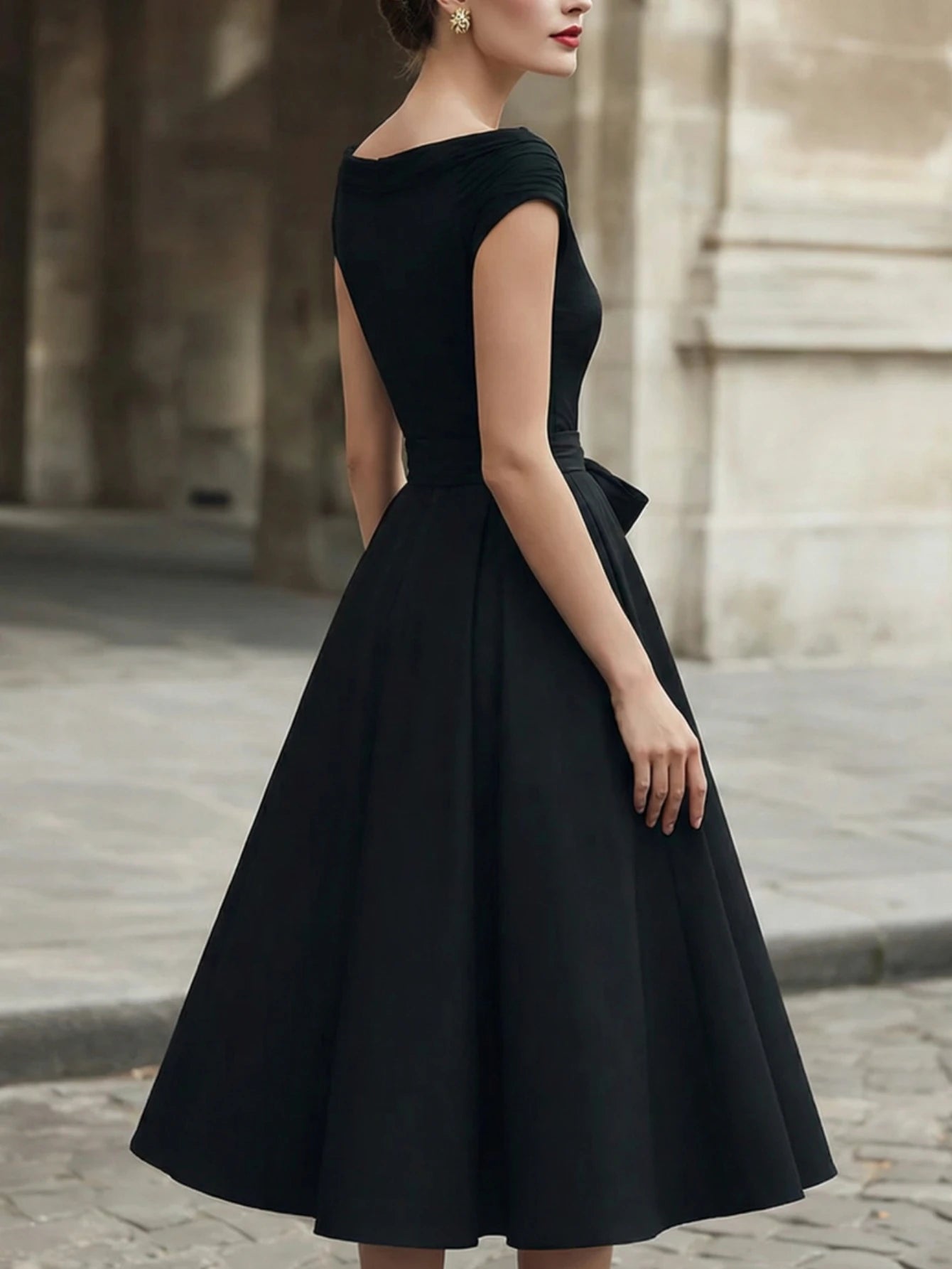 Black Off Shoulder Bow Waist Midi Dress