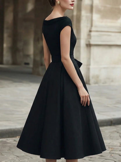 Black Off Shoulder Bow Waist Midi Dress