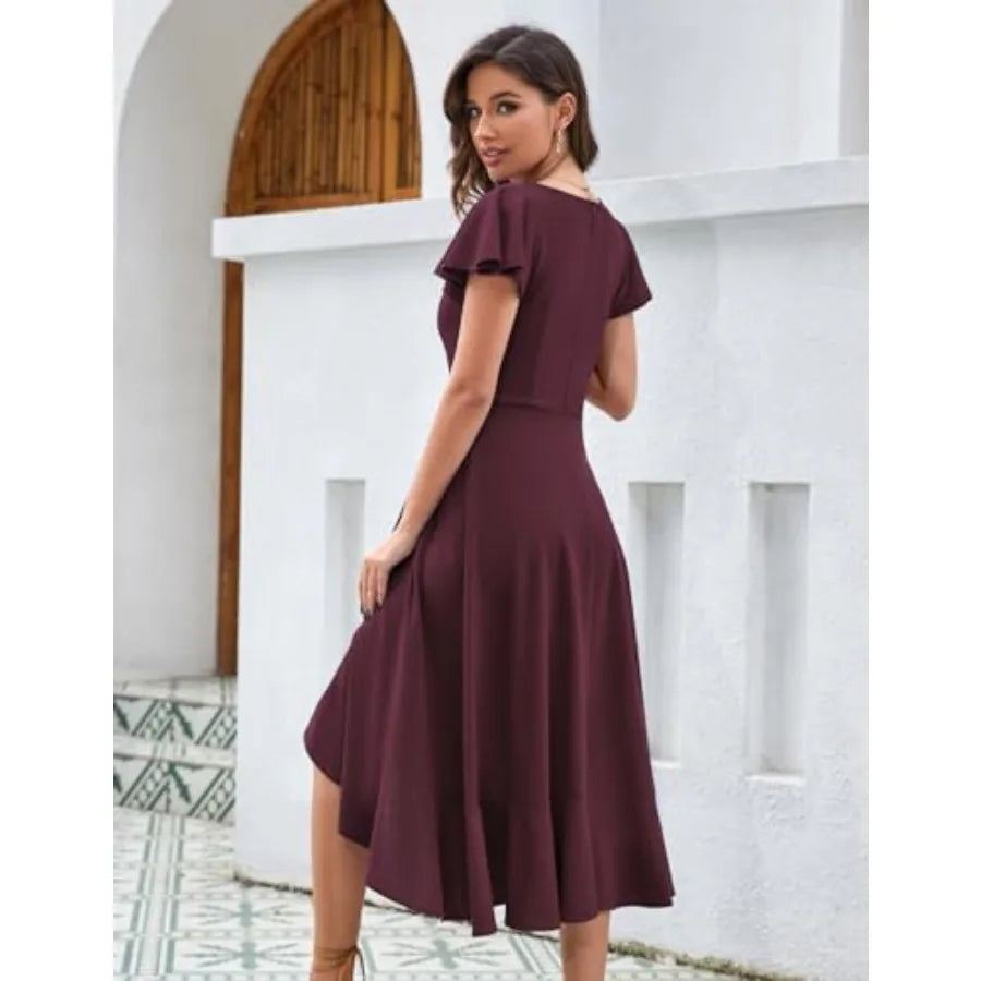 Burgundy V-Neck Hi-Lo Formal Dress