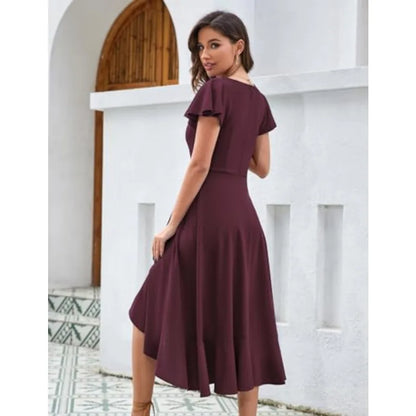 Burgundy V-Neck Hi-Lo Formal Dress