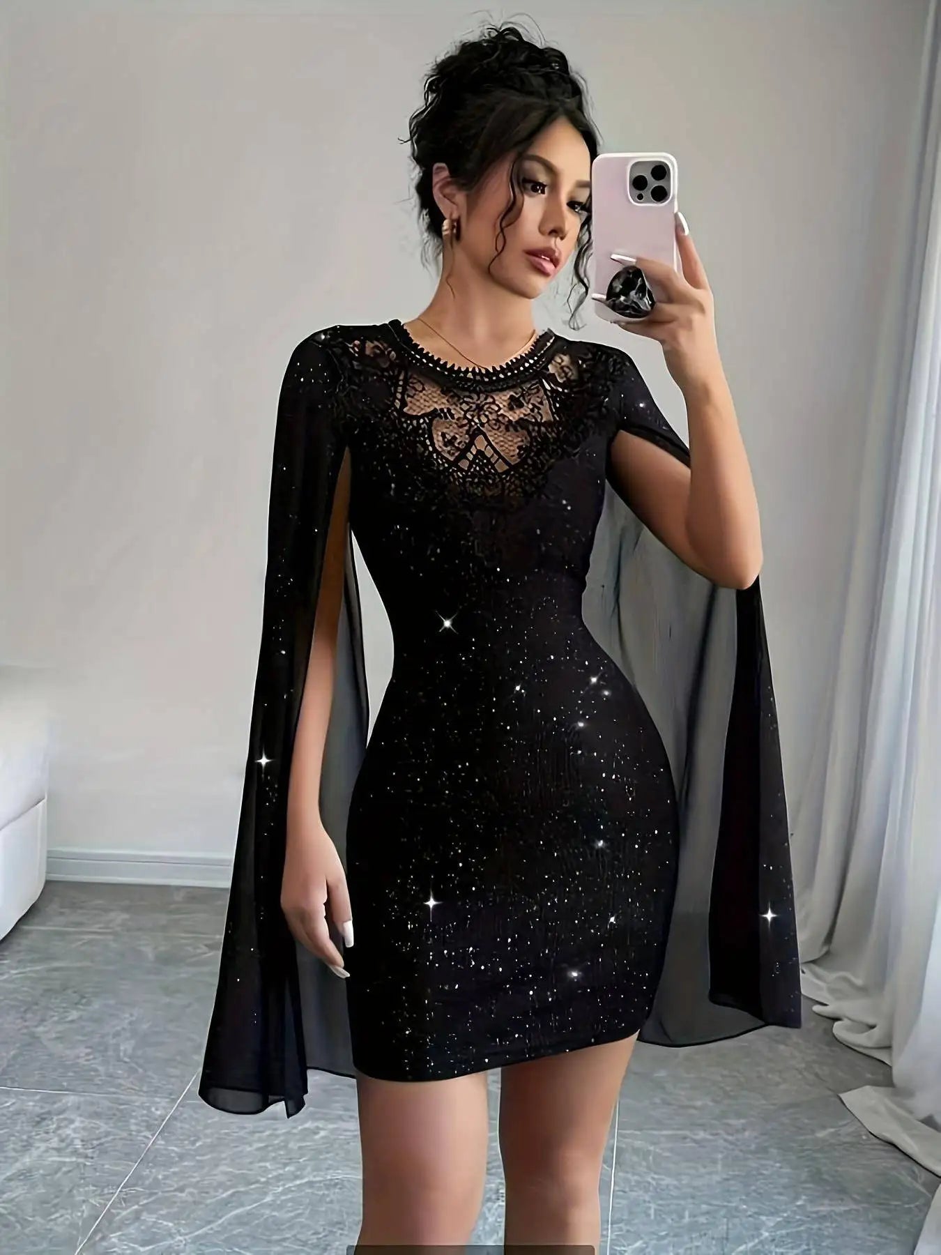 Womens Black Glitter Lace Cape Sleeve Mini Dress