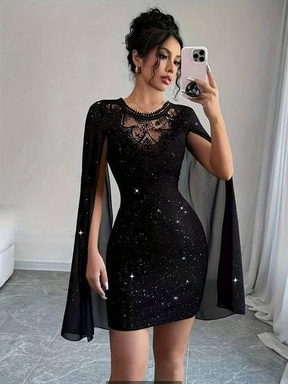 Womens Black Glitter Lace Cape Sleeve Mini Dress
