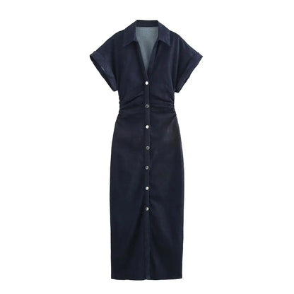 Elegant denim with lapel wrinkle waist dress