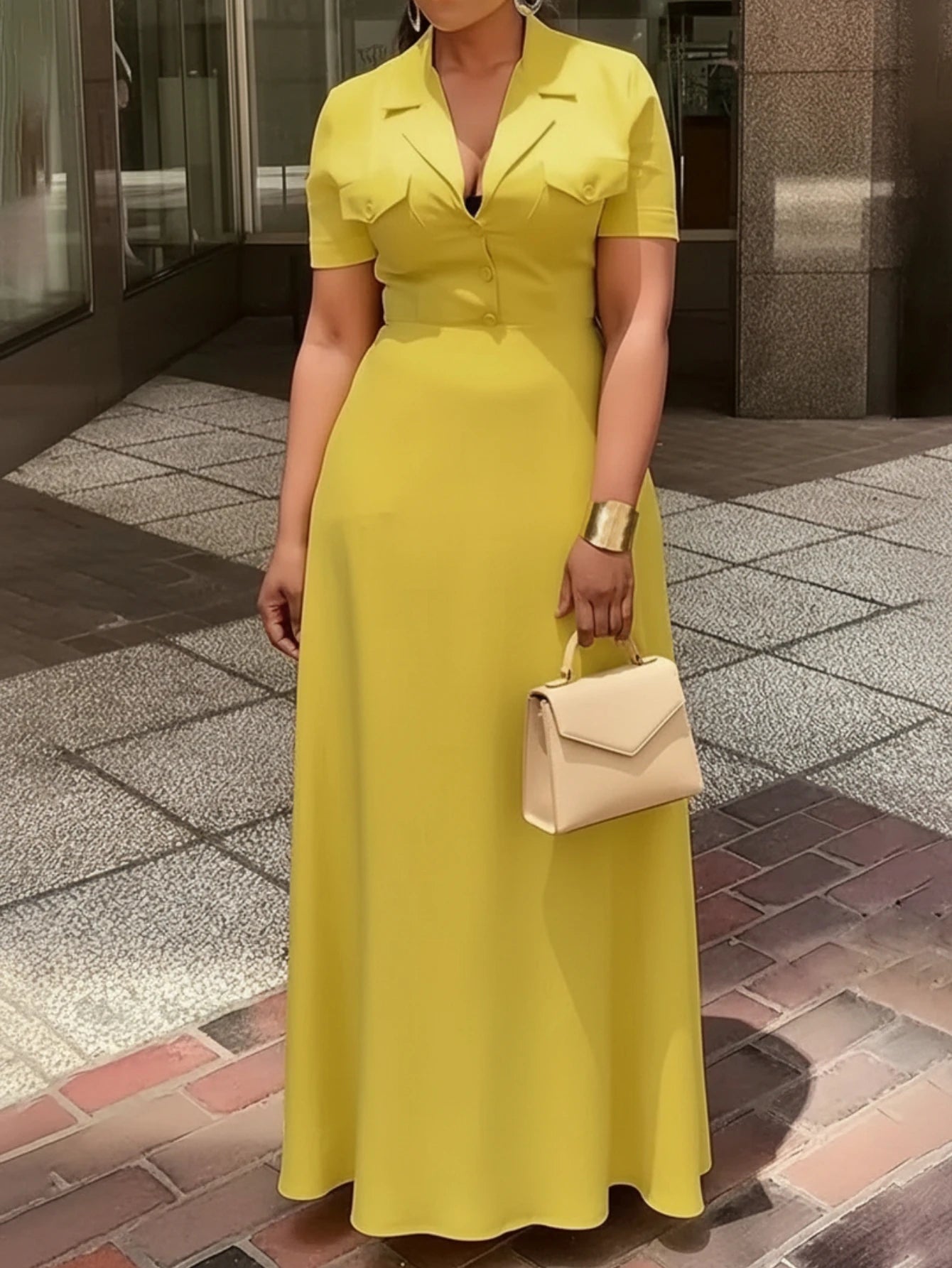 Yellow Lapel Collar Button Maxi Dress With Pockets