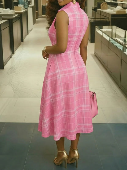Womens Yellow Plaid Sleeveless Lapel Collar Midi Dress
