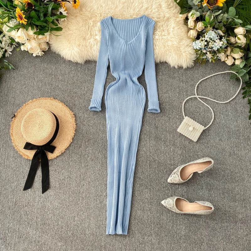 Knitted Dress V-Neck Slim Elastic  Sweater Dress
