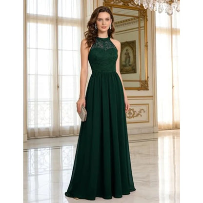 Dark Green Halter Lace Formal Gown