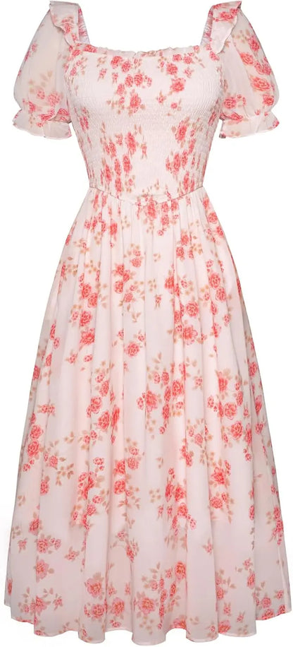 Floral Puff Sleeve A-Line Summer Dress