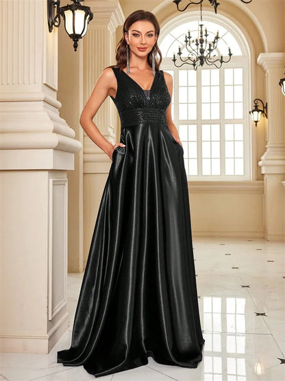 Elegant Sequins V-Back Satin Formal Evening Dress Gown