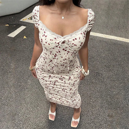 Elegant Summer Floral Color-Block Lace Trim Midi Dress