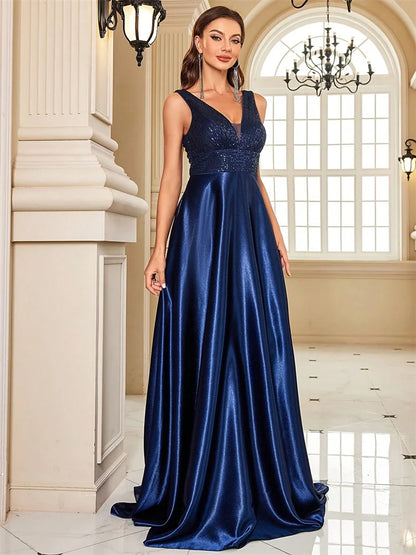 Elegant Sequins V-Back Satin Formal Evening Dress Gown