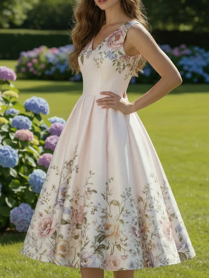 Womens Floral Print Pleated Swing Midi Dress