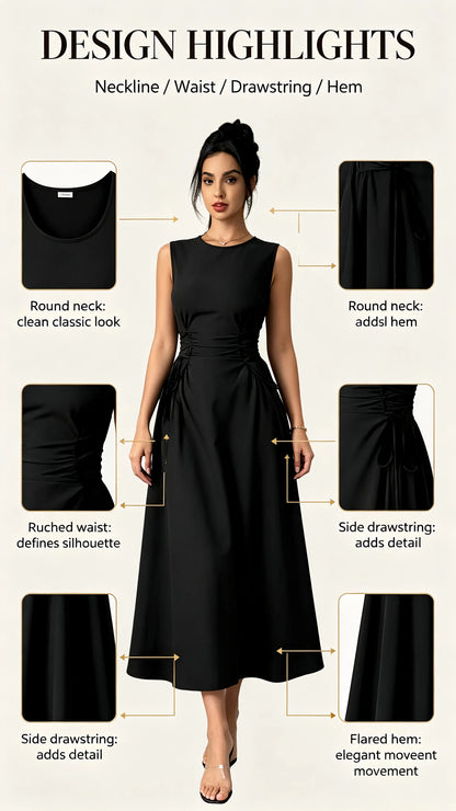 Womens Black Round Neck Bow Detail Flare Midi Dress