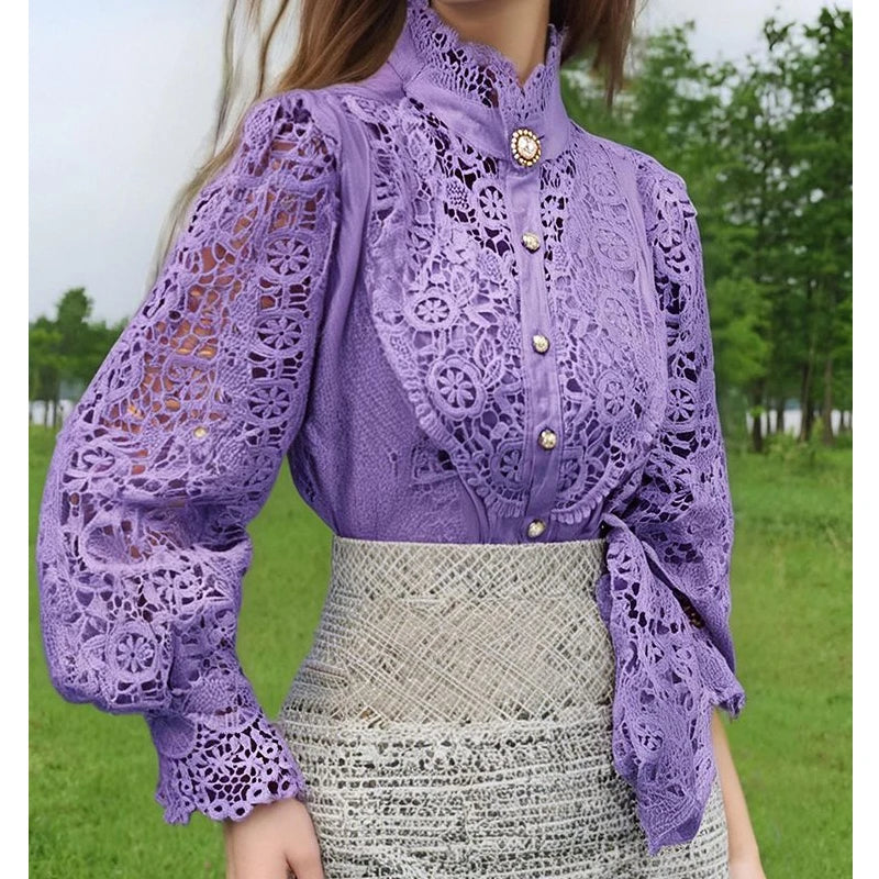 French Style Women Office Blouse  Lace Stand Collar