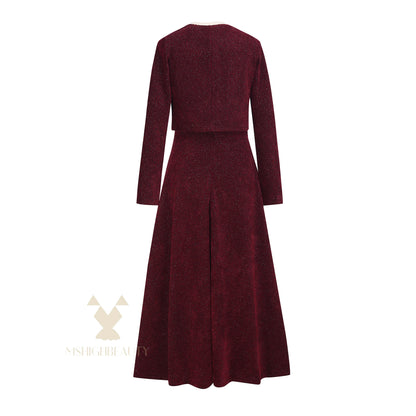 Burgundy Button-Front A-Line Knit Midi Dress